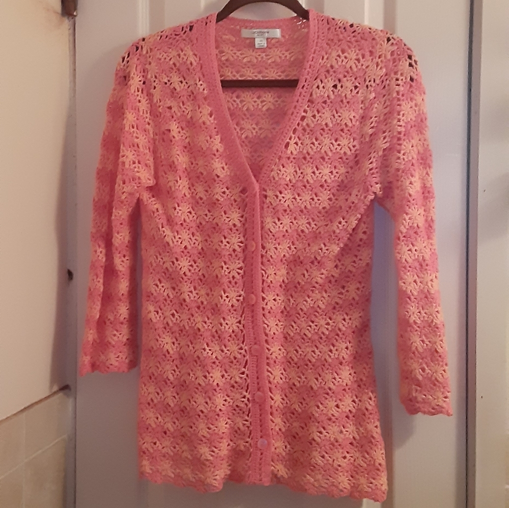 Liz Claiborne New York Bi Color Crochet Button Front Cardigan XS